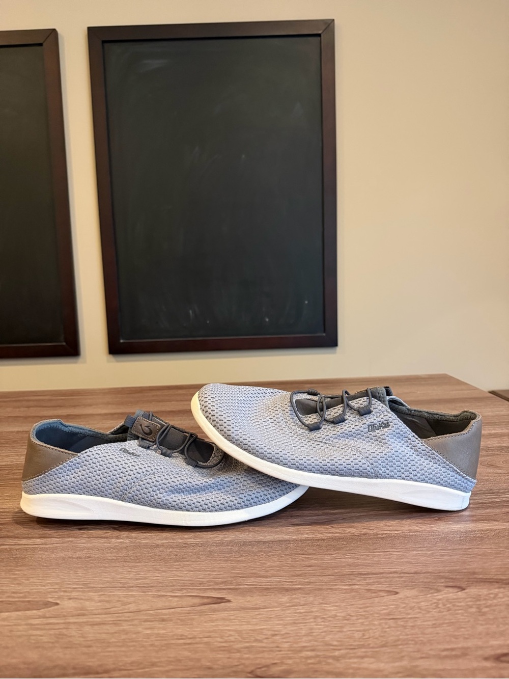 OluKai Men's Light Gray Mesh Slip-On Sneakers with Brown Heel